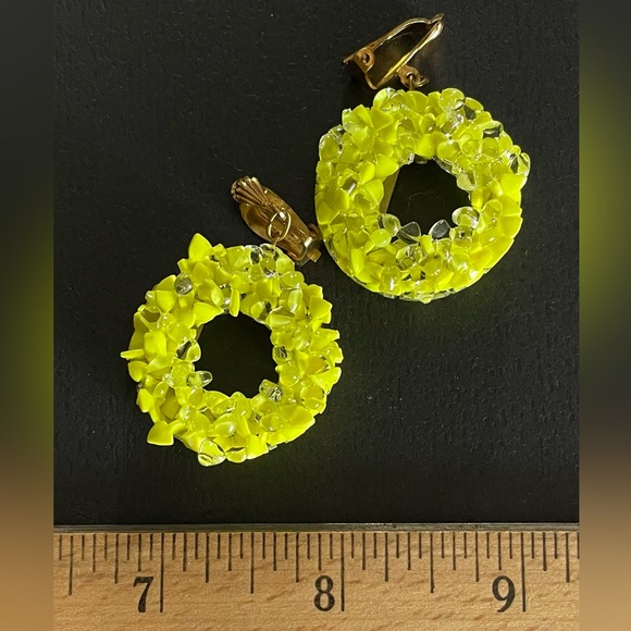 Vintage West Germany Glass Earrings Neon Yellow with Goldtone Clips - Picture 3 of 6
